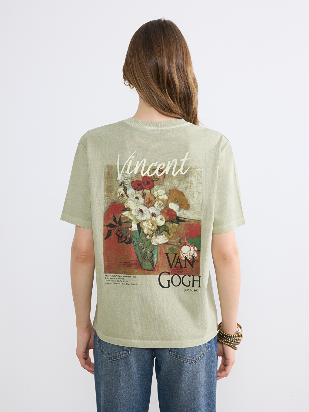 Haki Van Gogh Baskılı %100 Pamuklu Kadın Tişört-3