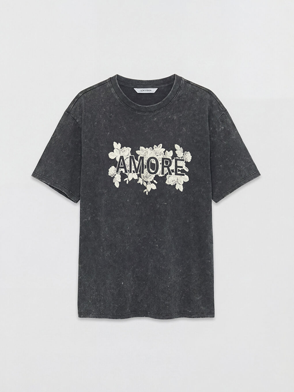 Antrasit Bisiklet Yaka Baskılı Kadın Tişört-4