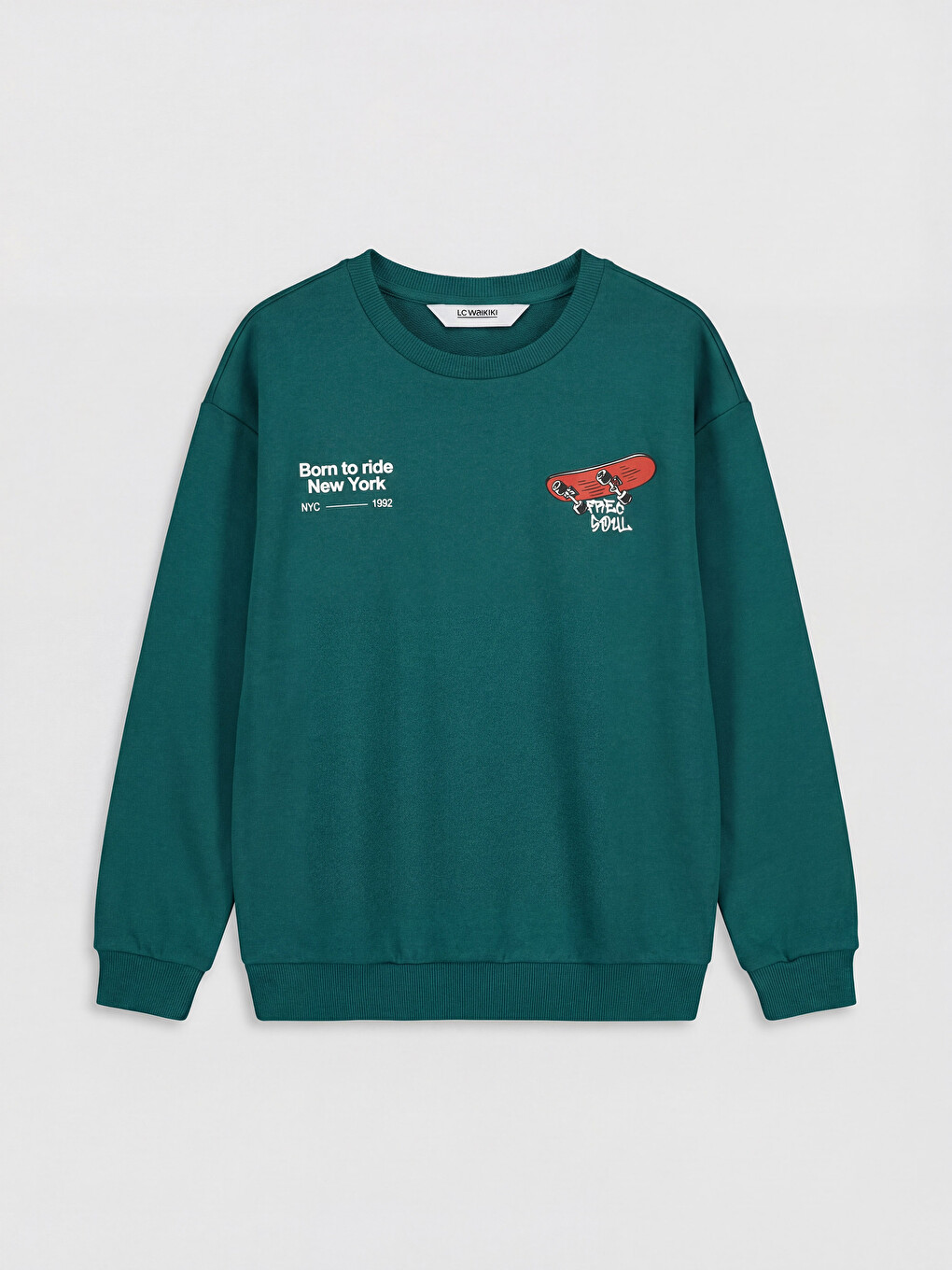 Petrol Bisiklet Yaka Baskılı Erkek Çocuk Sweatshirt