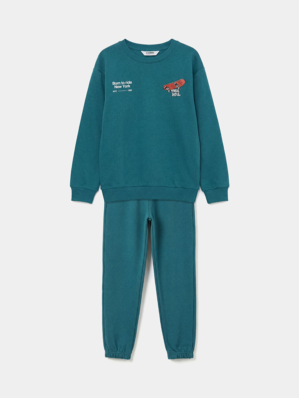 Petrol Bisiklet Yaka NYC Baskılı Erkek Çocuk Eşofman Takımı