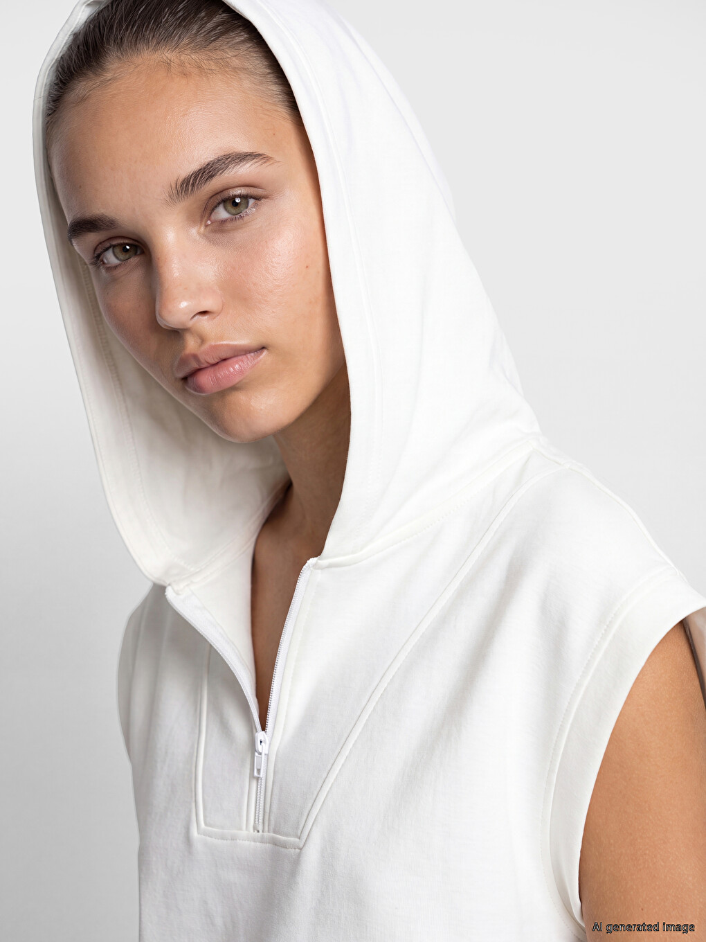 Beyaz Kapüşonlu Soft Touch Kadın Spor Sweatshirt-2