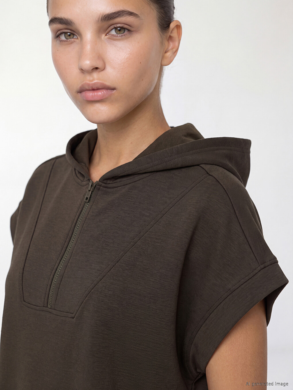 Haki Kapüşonlu Soft Touch Kadın Spor Sweatshirt-2