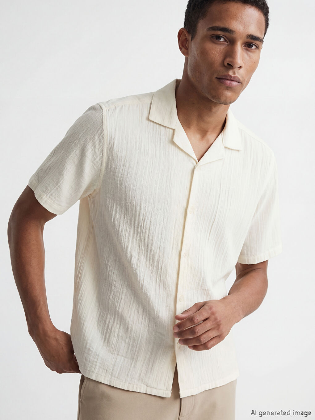 Ekru Regular Fit Kısa Kollu Müslin Erkek Gömlek	