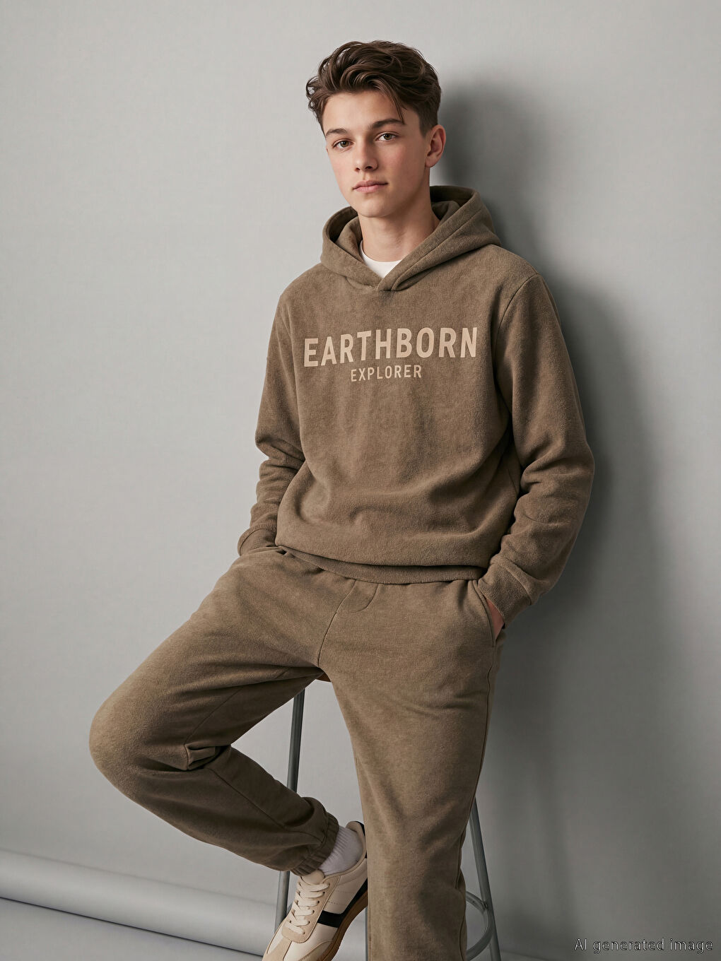 Bej Kapüşonlu Baskılı Erkek Çocuk Eşofman Takımı