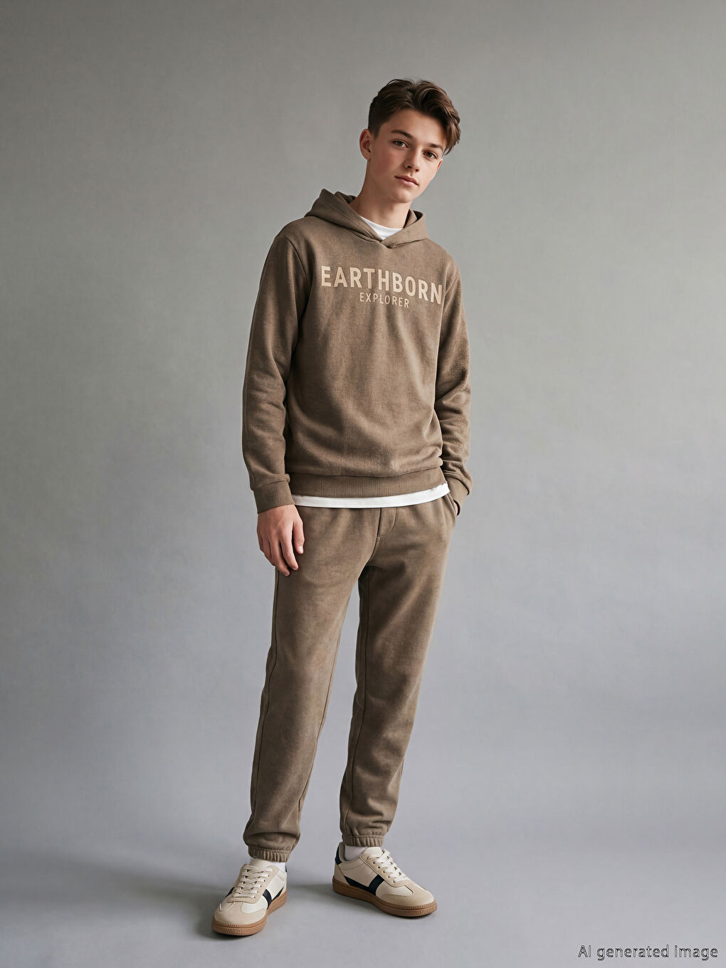 Bej Kapüşonlu Baskılı Erkek Çocuk Eşofman Takımı-1