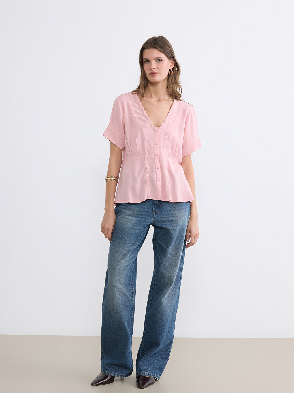 Women's V Neck Embroidered Ruched Blouse-1