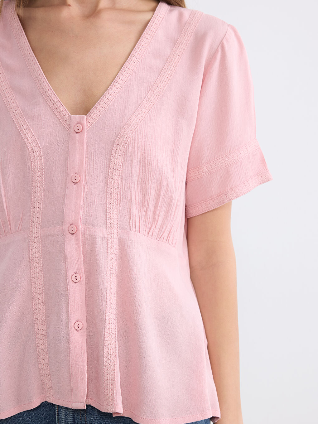 Women's V Neck Embroidered Ruched Blouse-2