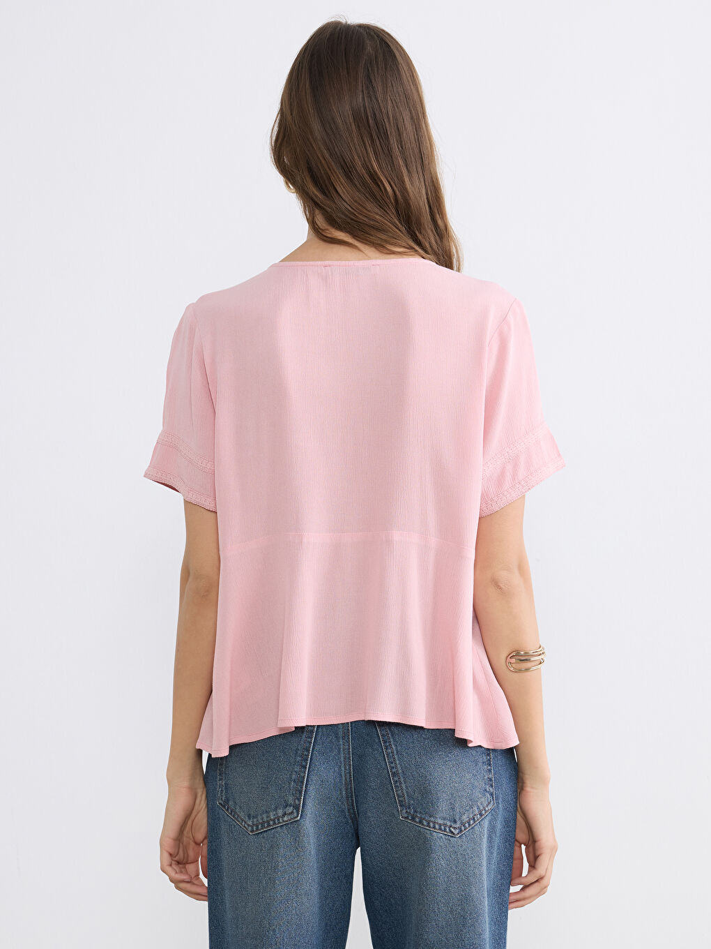 Women's V Neck Embroidered Ruched Blouse-3