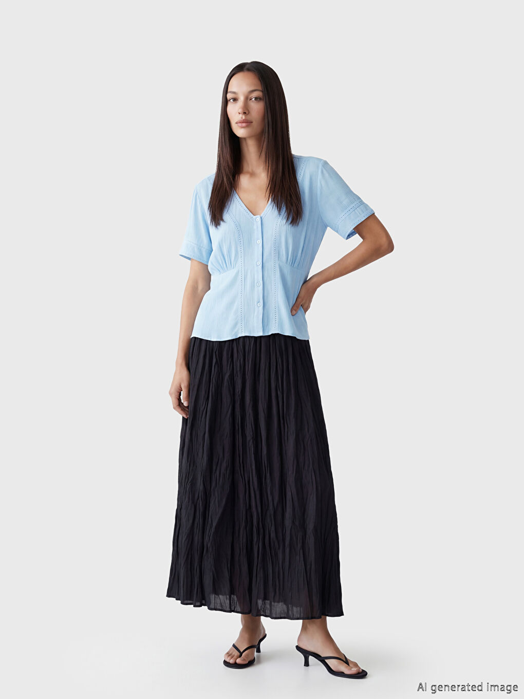 V Yaka Nakışlı Büzgülü Bluz-1