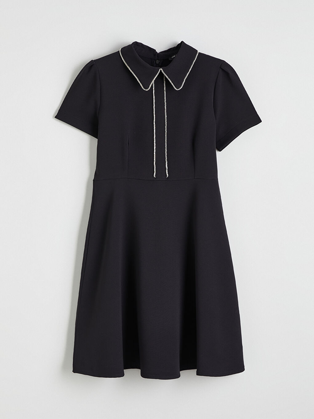 Siyah Bebe Yaka Taşlı A Kesim Mini Elbise-4