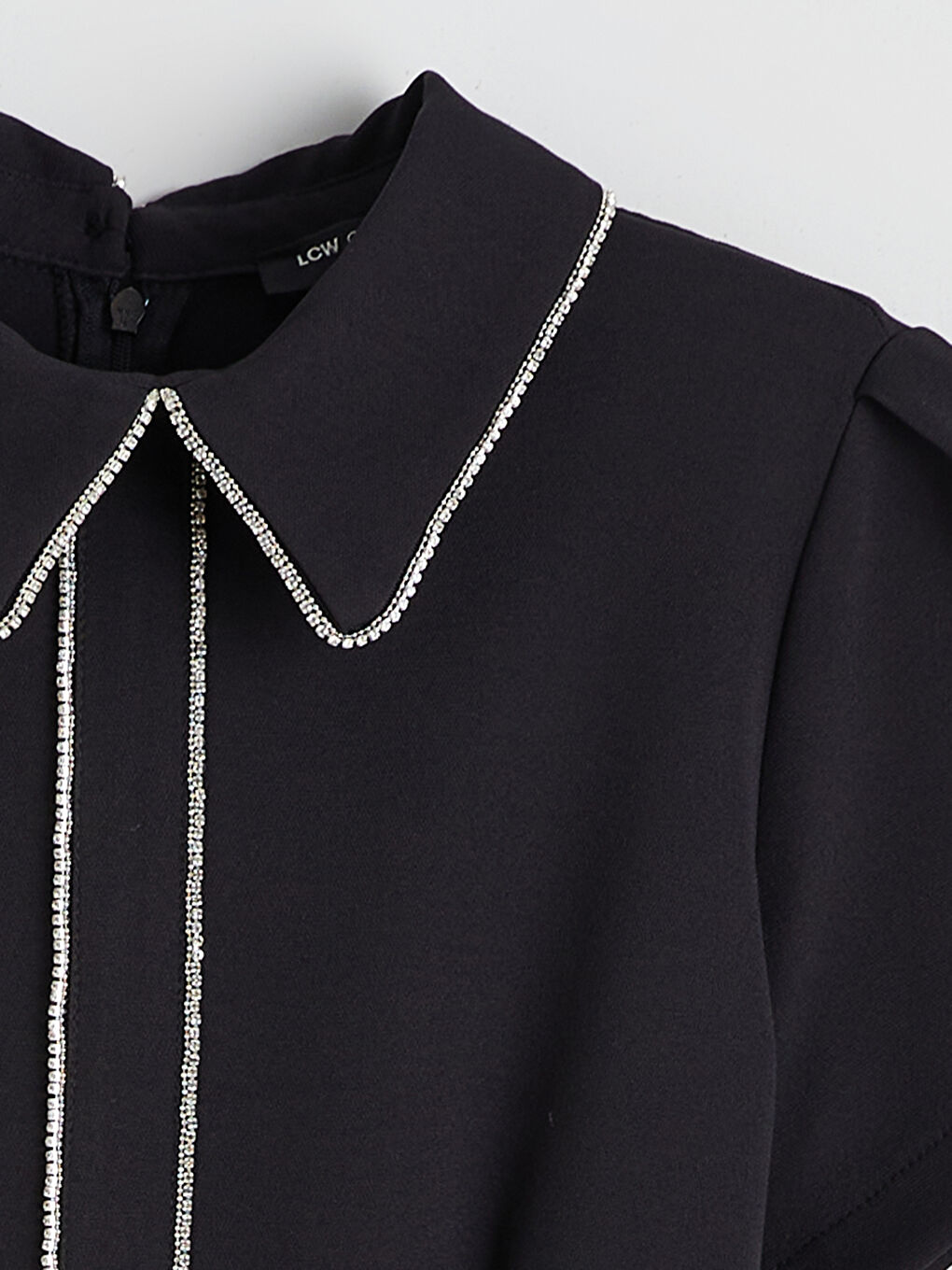 Siyah Bebe Yaka Taşlı A Kesim Mini Elbise-5
