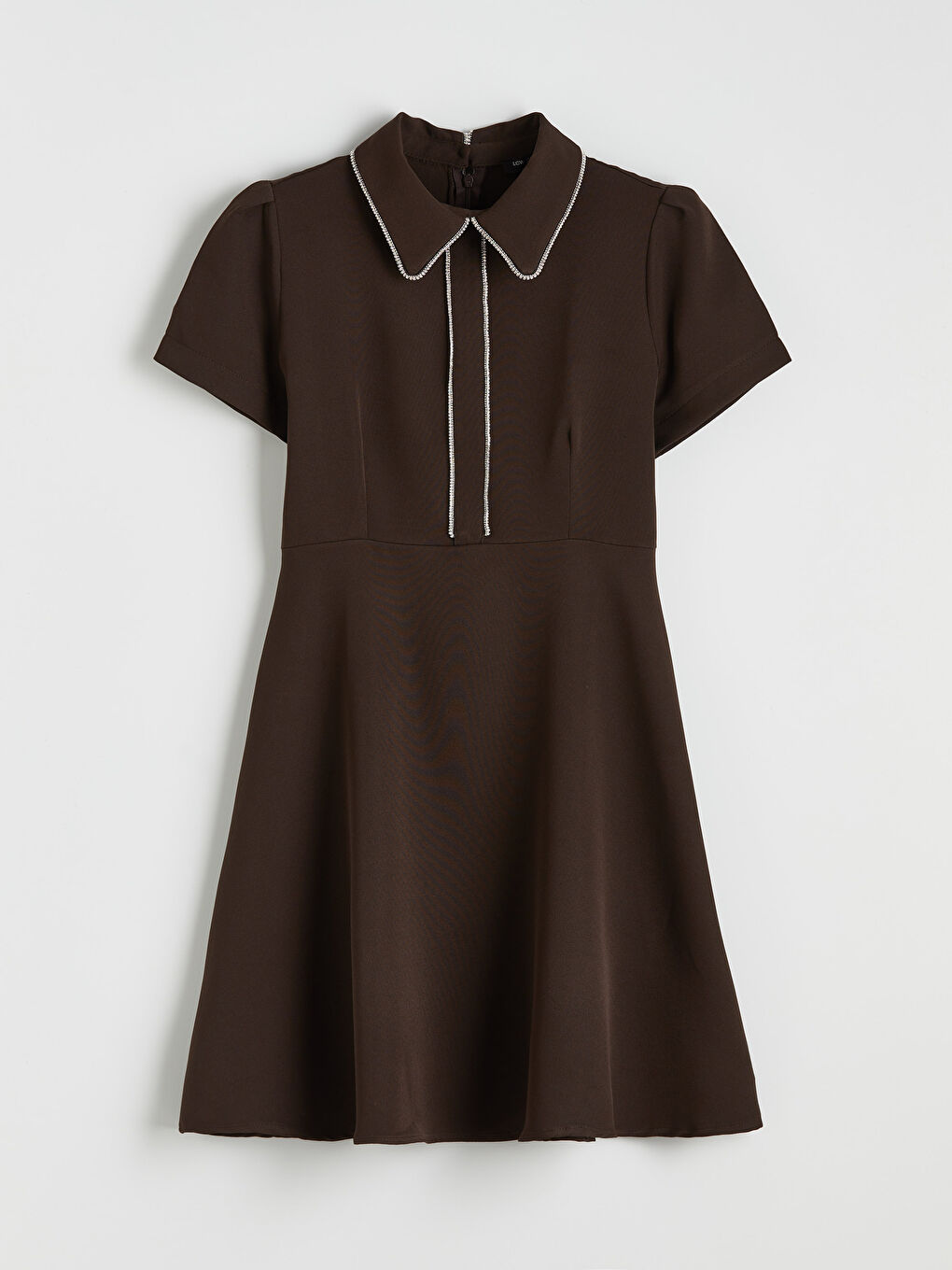 Kahverengi Bebe Yaka Taşlı A Kesim Mini Elbise-4