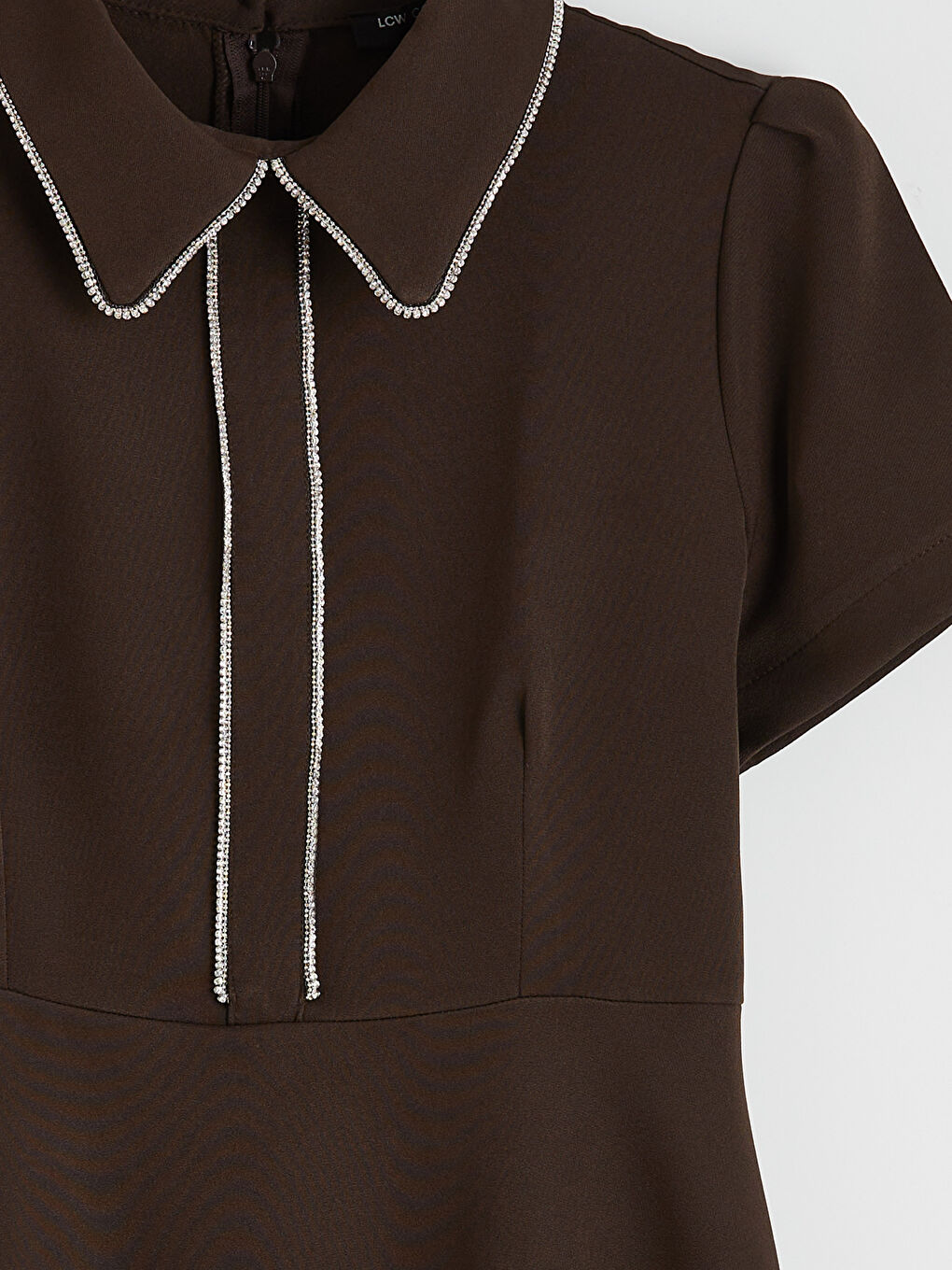 Kahverengi Bebe Yaka Taşlı A Kesim Mini Elbise-5