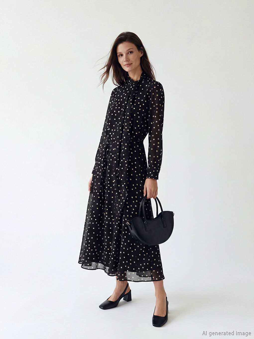 Siyah Dik Yaka Puantiyeli Kuşaklı A Kesim Elbise