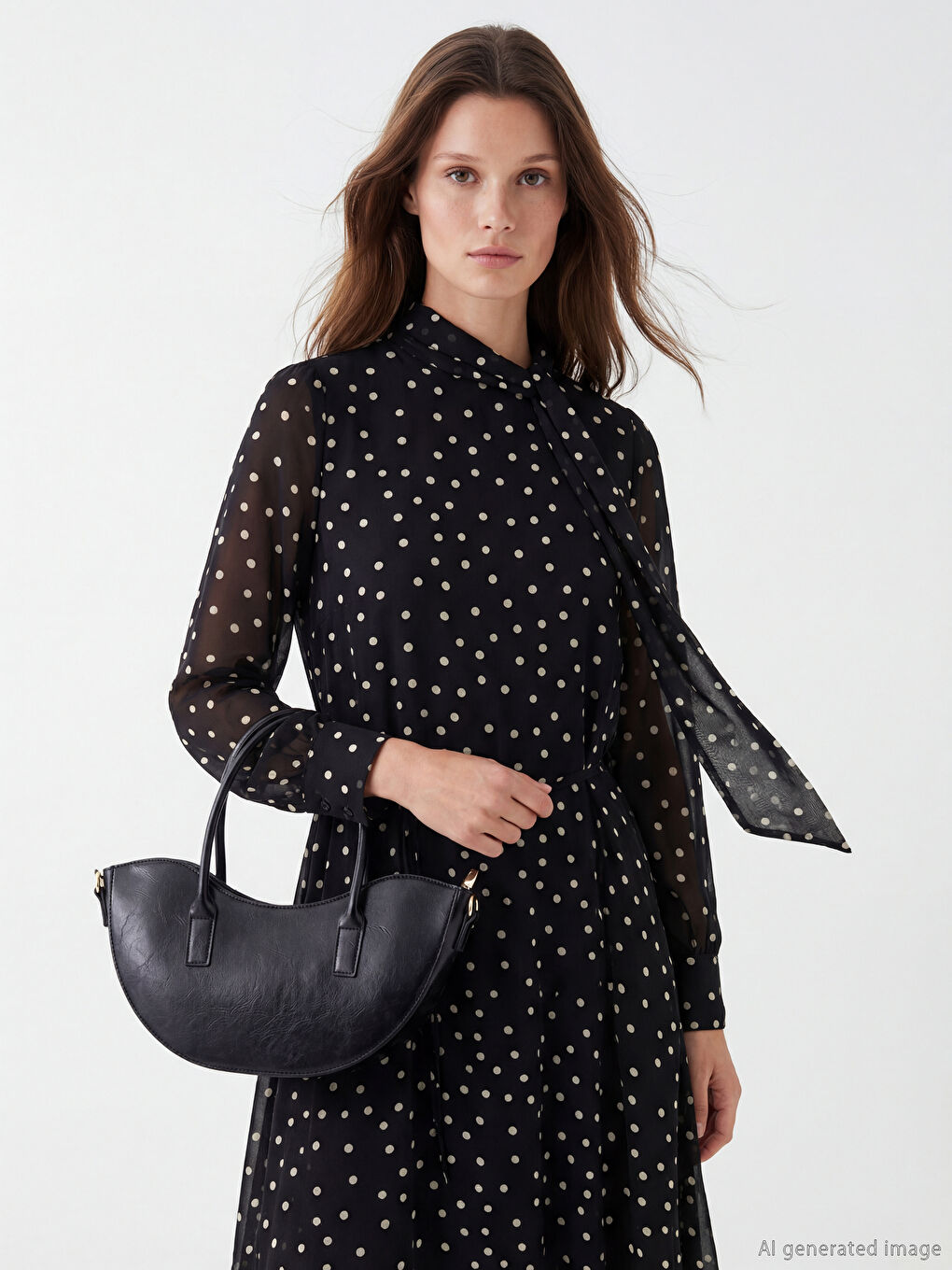 Siyah Dik Yaka Puantiyeli Kuşaklı A Kesim Elbise-1