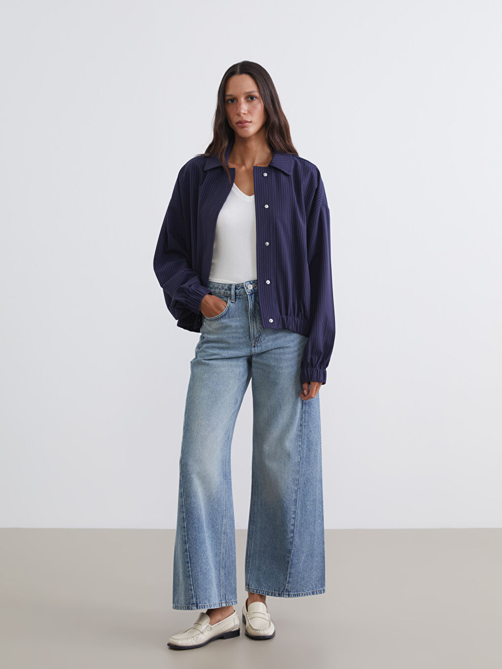 Shirt Collar Striped Oversize Women's Jacket-1