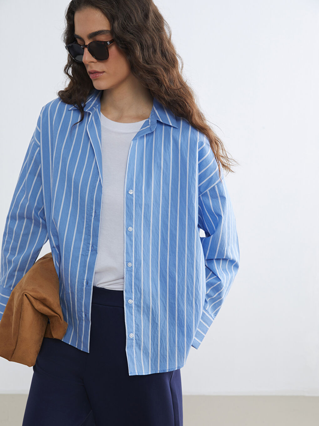 Mavi Çizgili Oversize Kadın Gömlek