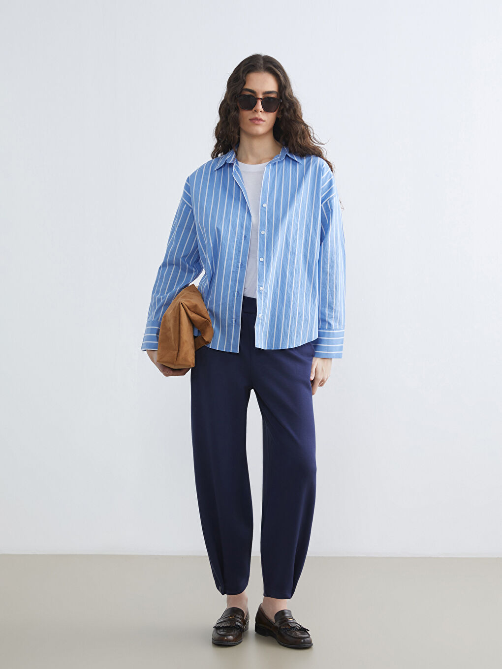 Mavi Çizgili Oversize Kadın Gömlek-1