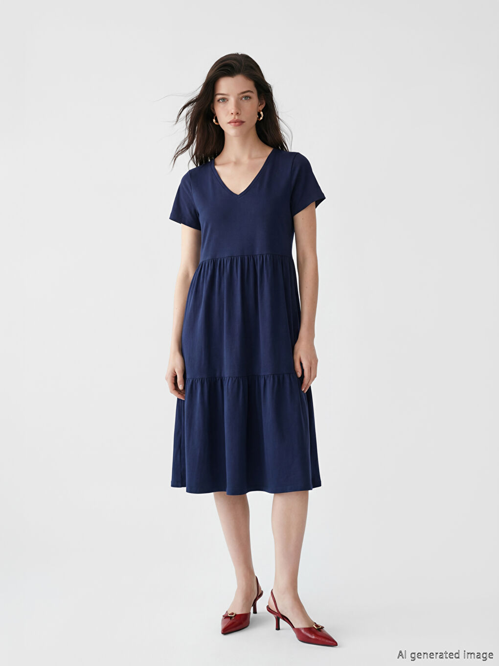 Lacivert V Yaka Katkat Elbise