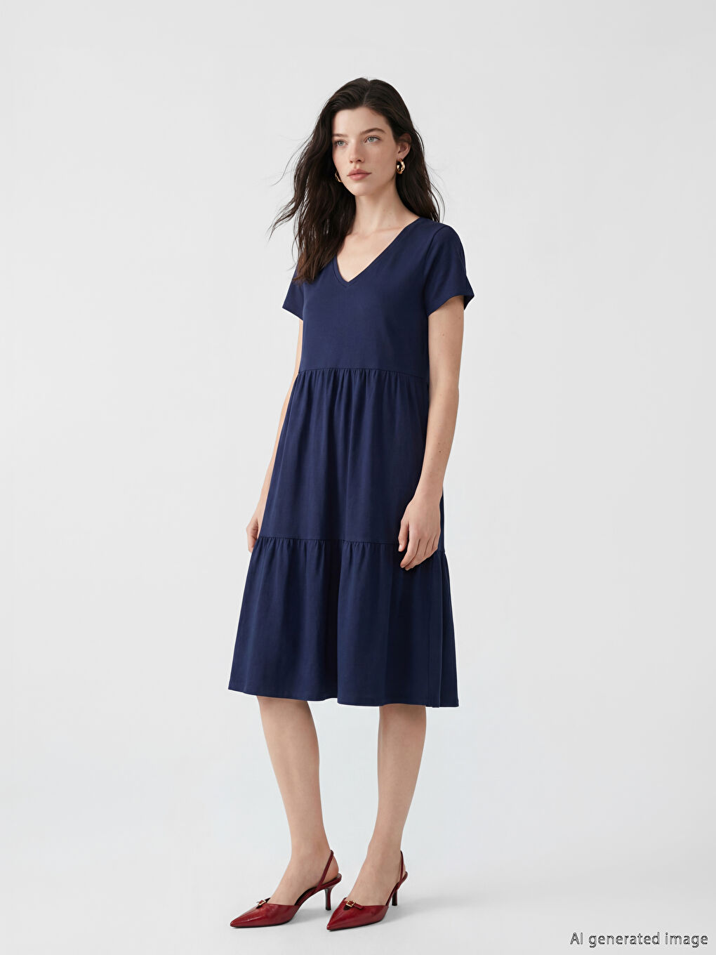 Lacivert V Yaka Katkat Elbise-1