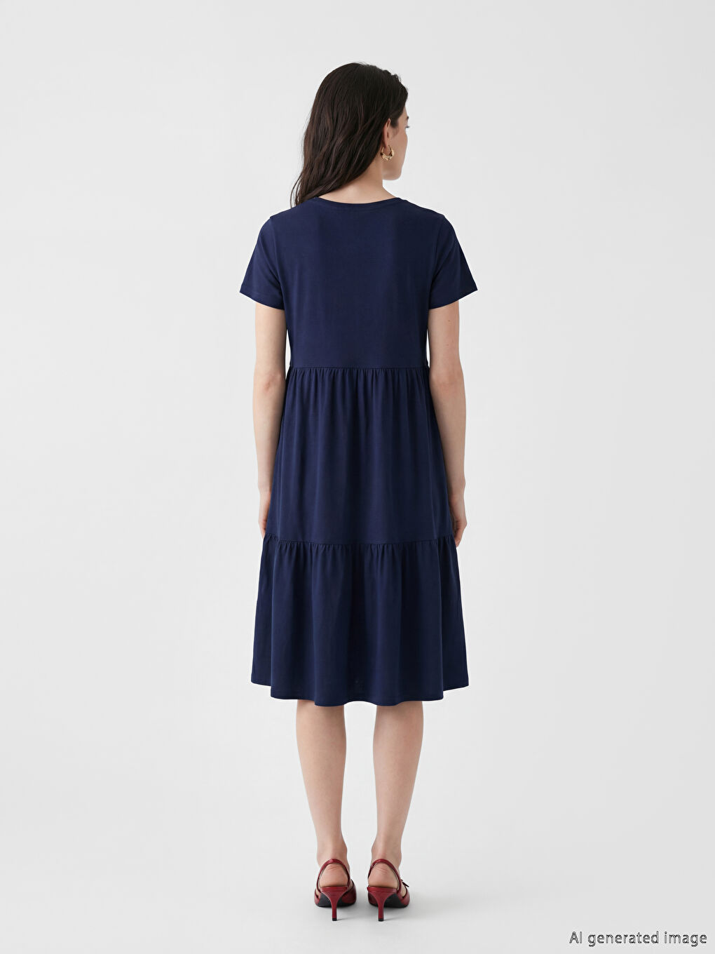 Lacivert V Yaka Katkat Elbise-3