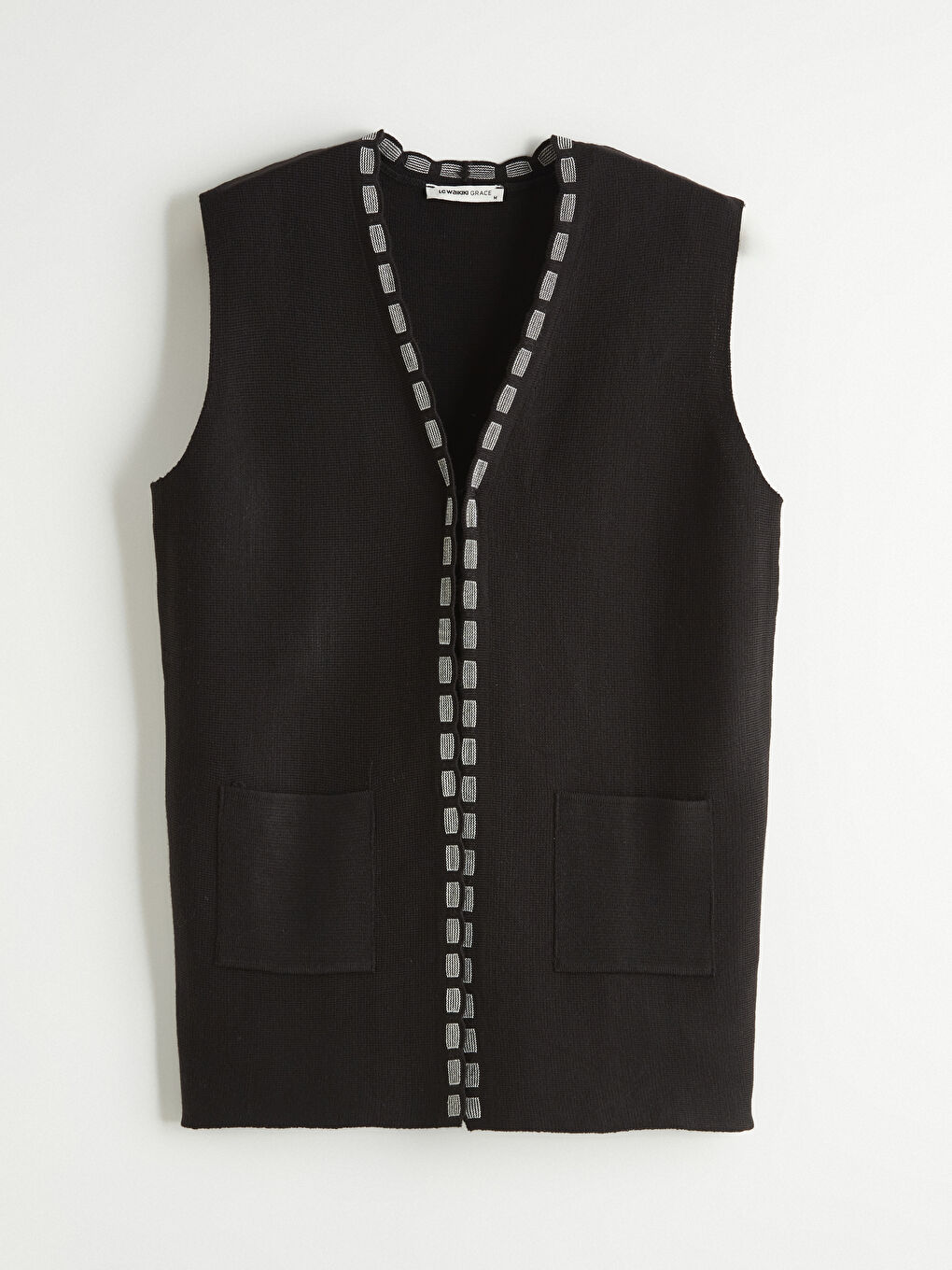 Siyah V Yaka Desenli Kadın Triko Yelek	