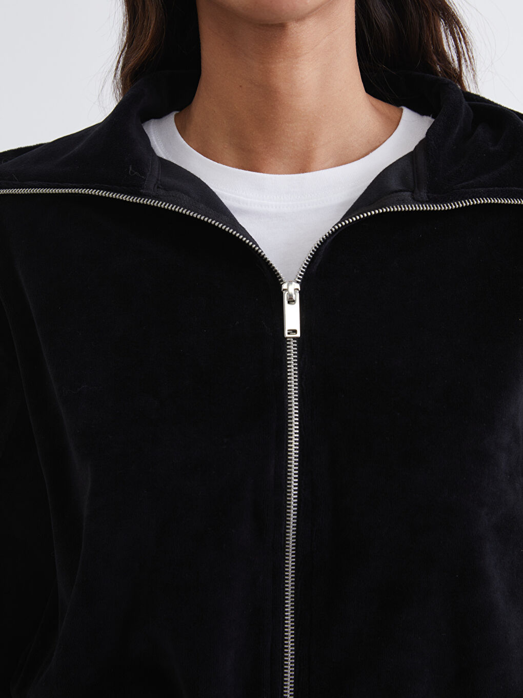 Siyah Dik Yaka Oversize Kadın Fermuarlı Sweatshirt-2