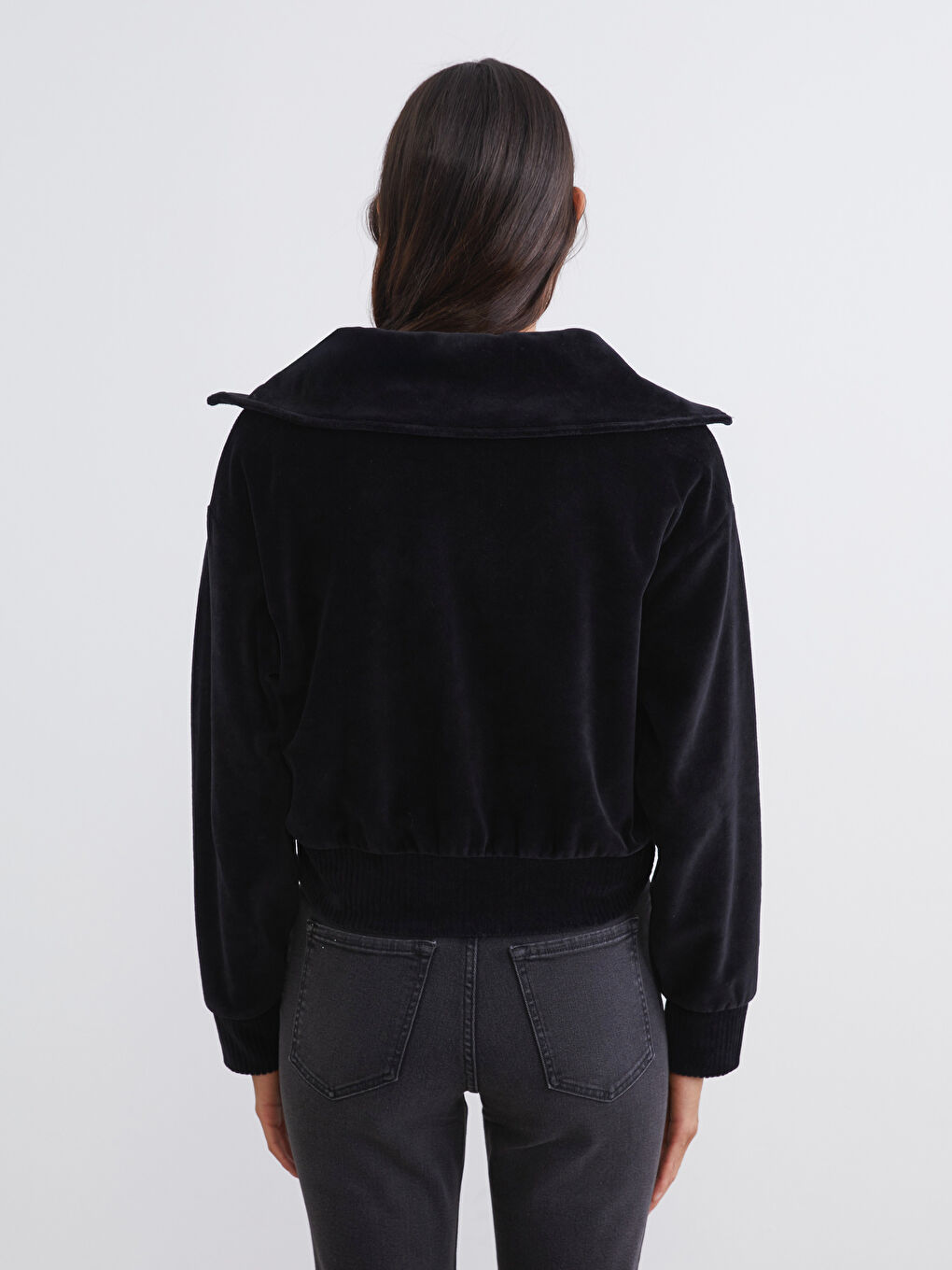 Siyah Dik Yaka Oversize Kadın Fermuarlı Sweatshirt-3