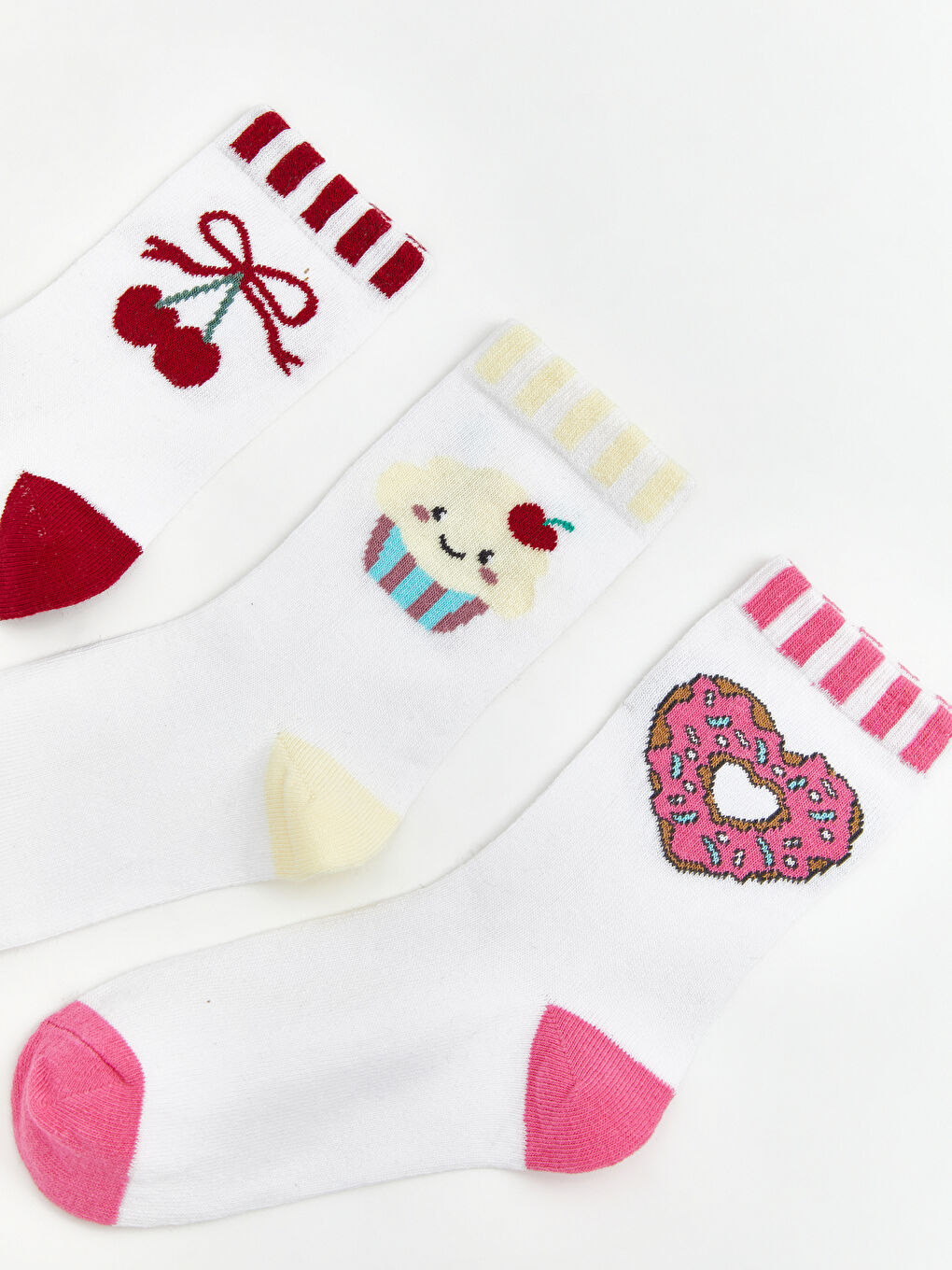 Beyaz Kız Çocuk Desenli Soket Çorap 3'lü-1