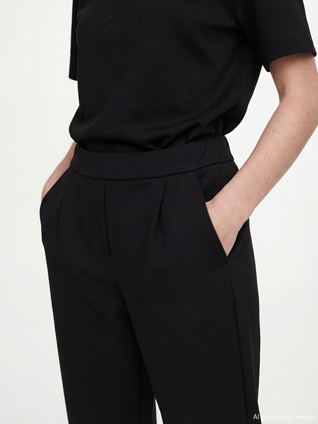 Siyah Beli Lastikli Pileli Kadın Eşofman Altı-2