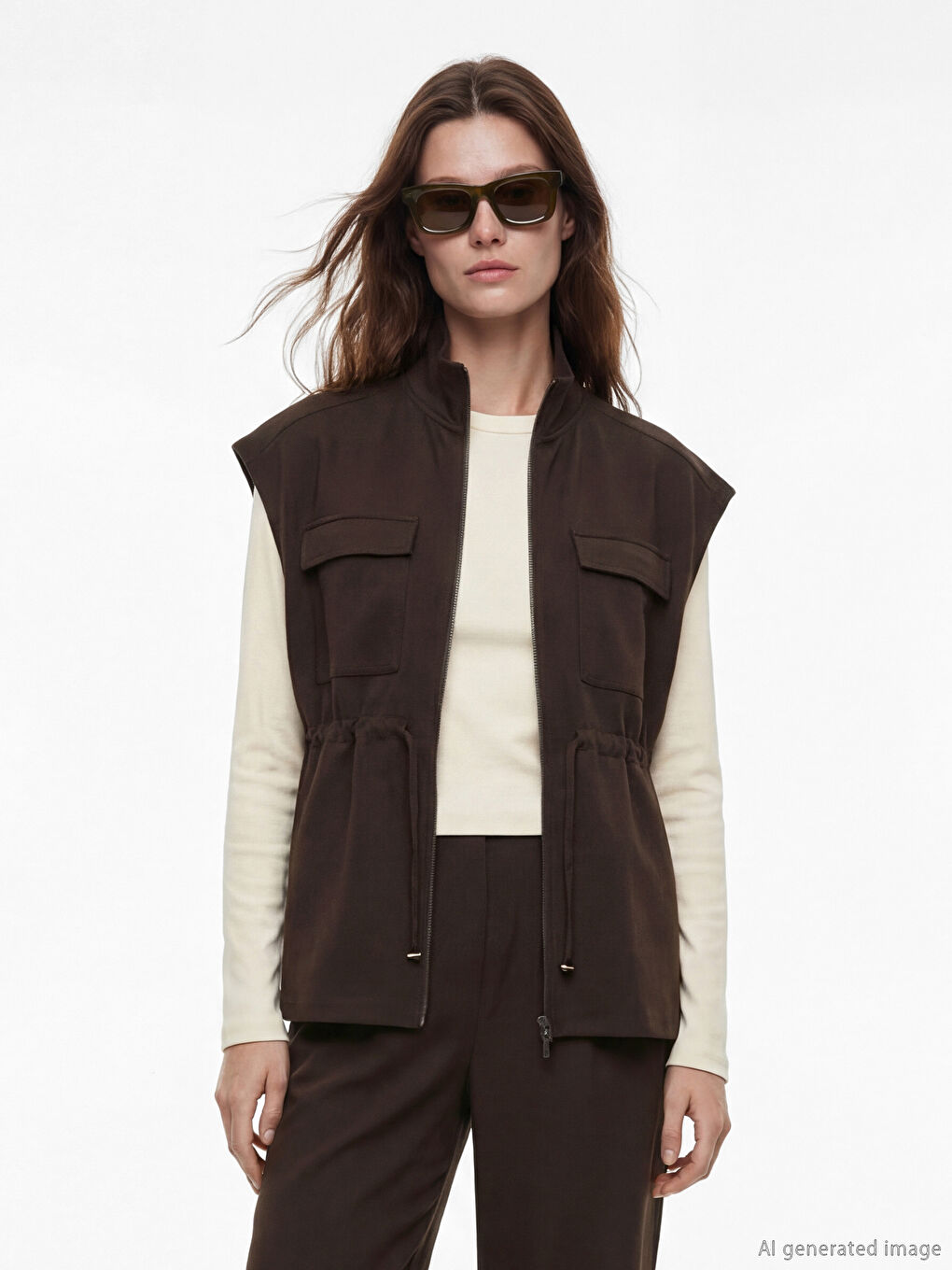 Kahverengi Dik Yaka Kadın Yelek