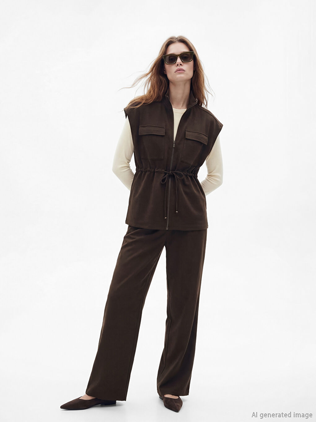 Kahverengi Dik Yaka Kadın Yelek-1