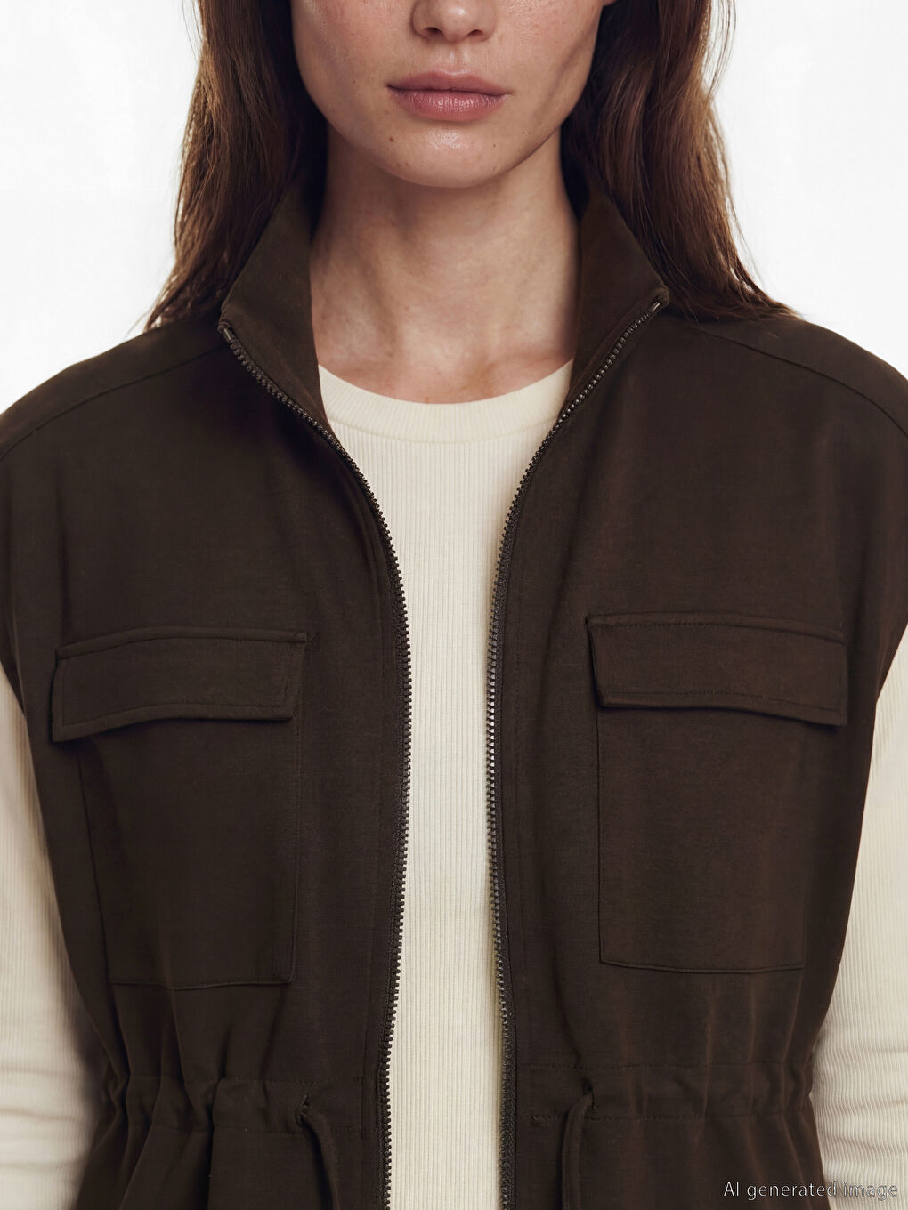 Kahverengi Dik Yaka Kadın Yelek-2