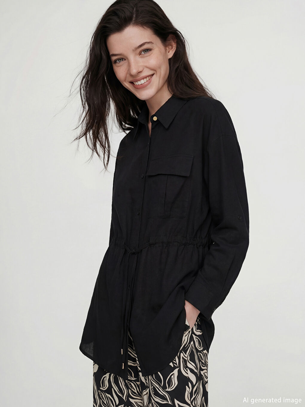 Siyah Bağlama Detaylı Büzgülü Kadın Gömlek