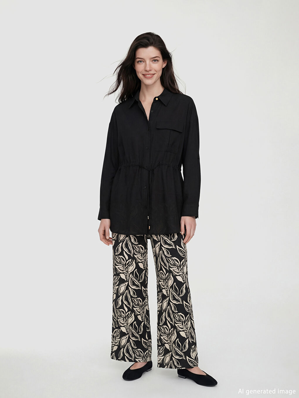 Siyah Bağlama Detaylı Büzgülü Kadın Gömlek-1