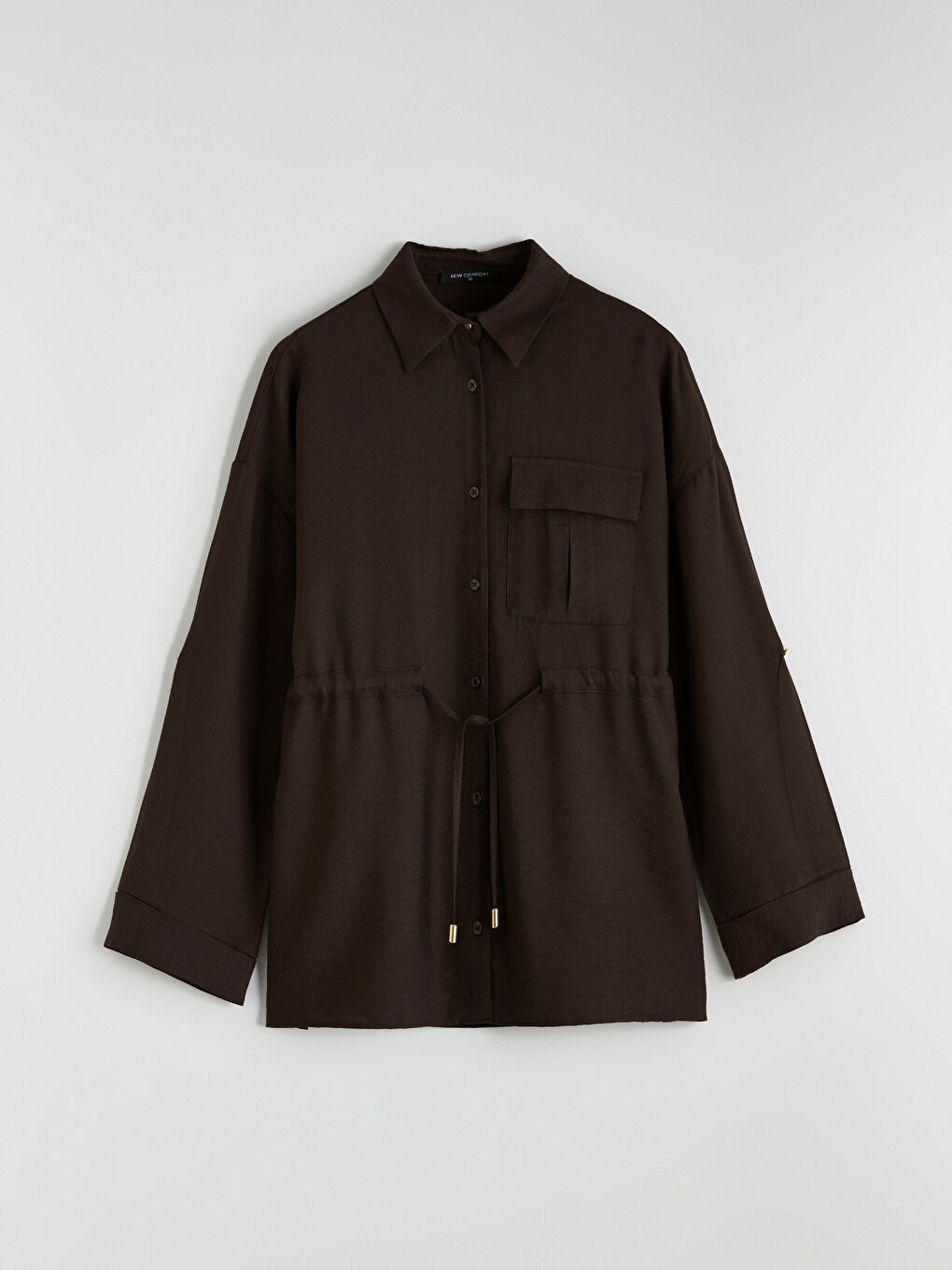 Kahverengi Bağlama Detaylı Büzgülü Kadın Gömlek