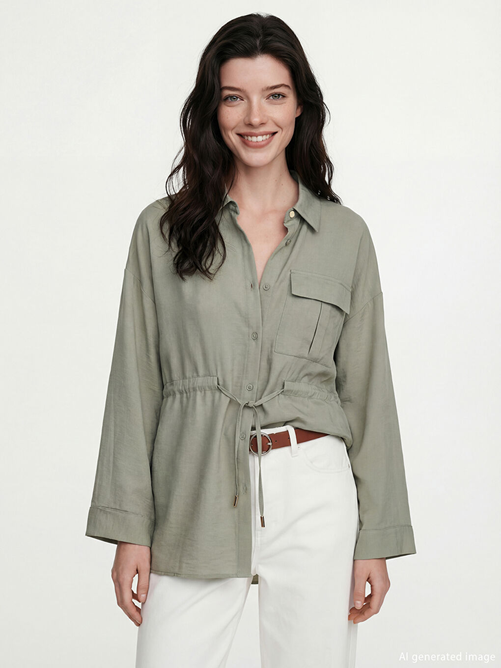 Yeşil Bağlama Detaylı Büzgülü Kadın Gömlek