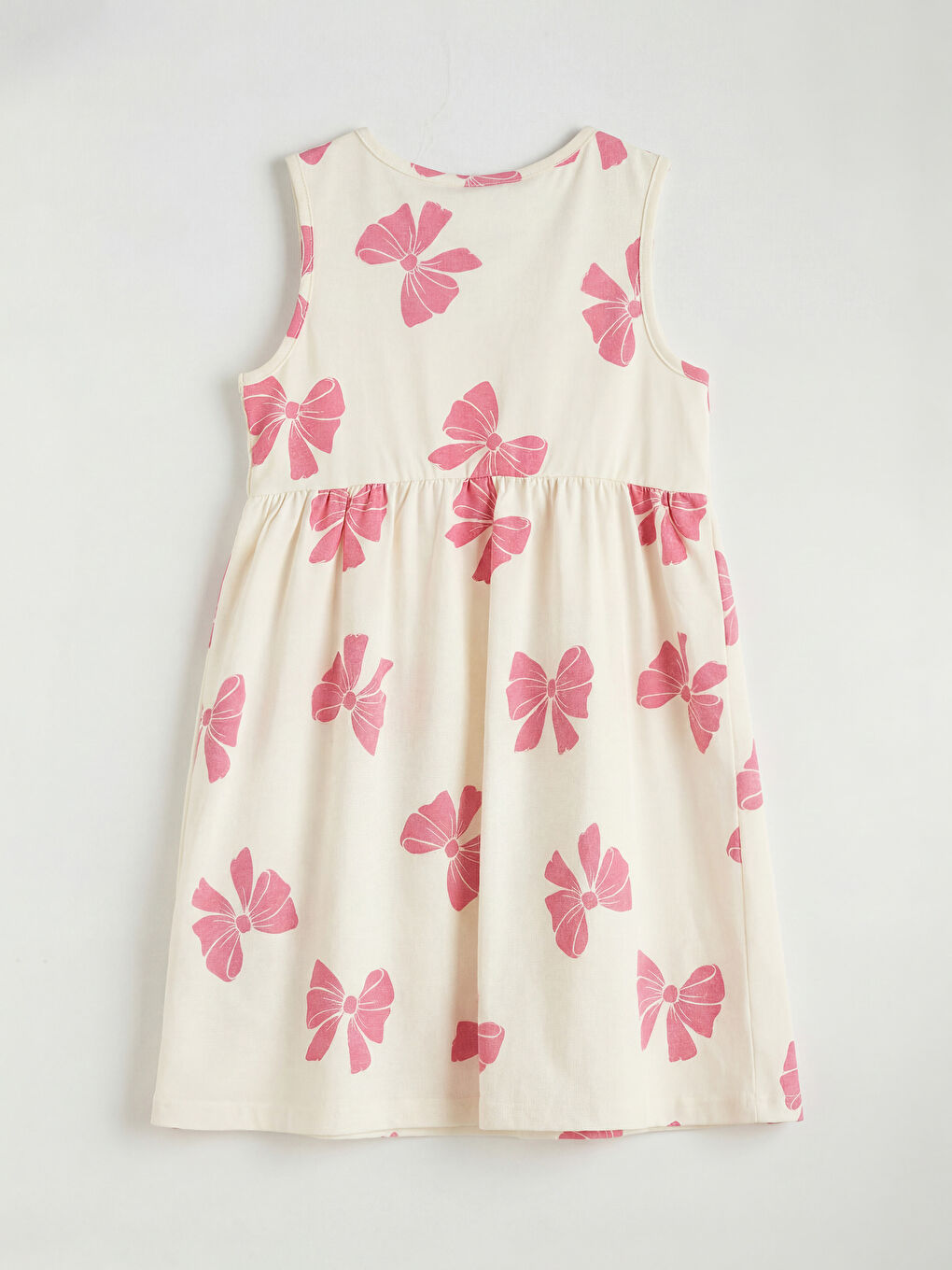 Ekru Bisiklet Yaka Fiyonk Baskılı Kız Çocuk Elbise-1