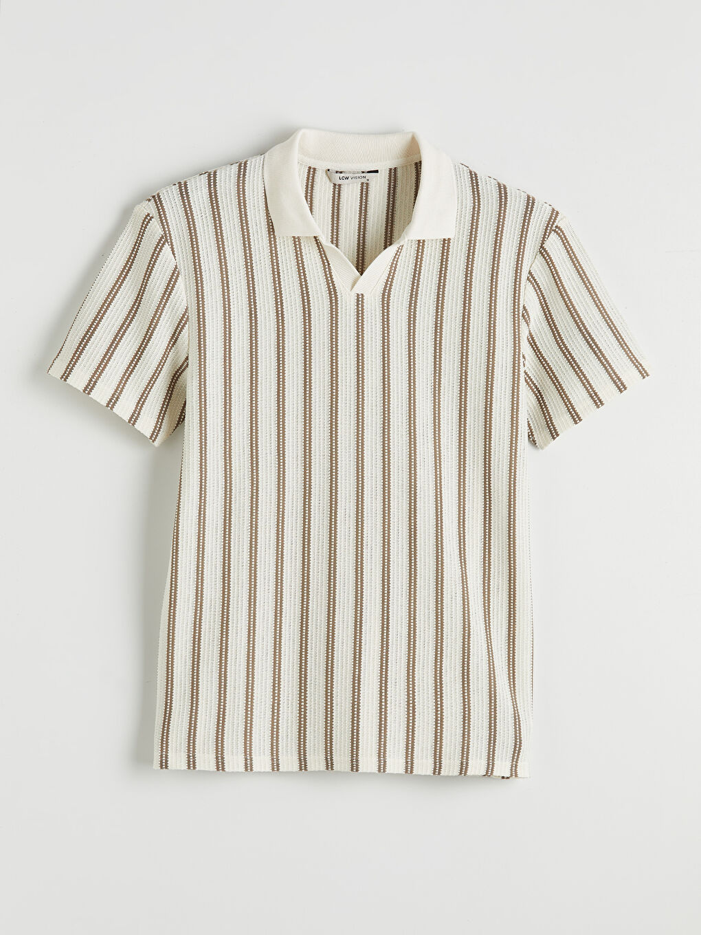 Bej Polo Yaka Çizgili Erkek Triko Tişört