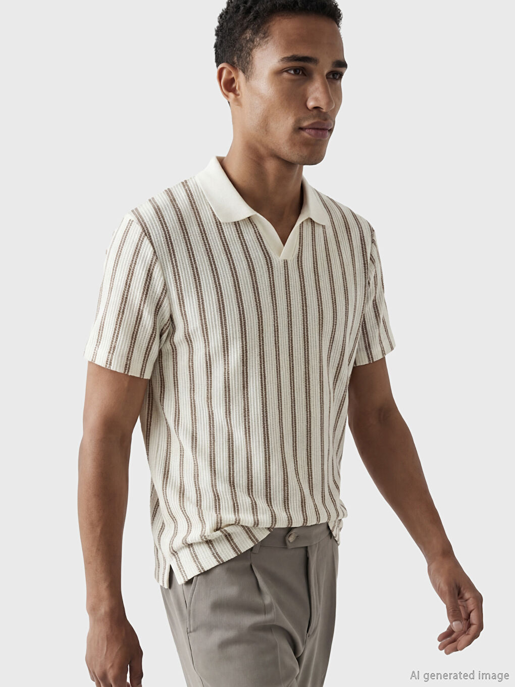 Bej Polo Yaka Çizgili Erkek Triko Tişört