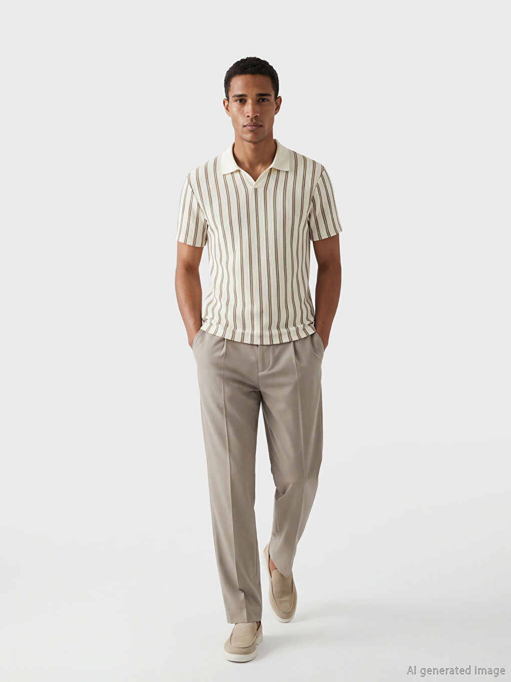 Bej Polo Yaka Çizgili Erkek Triko Tişört-1