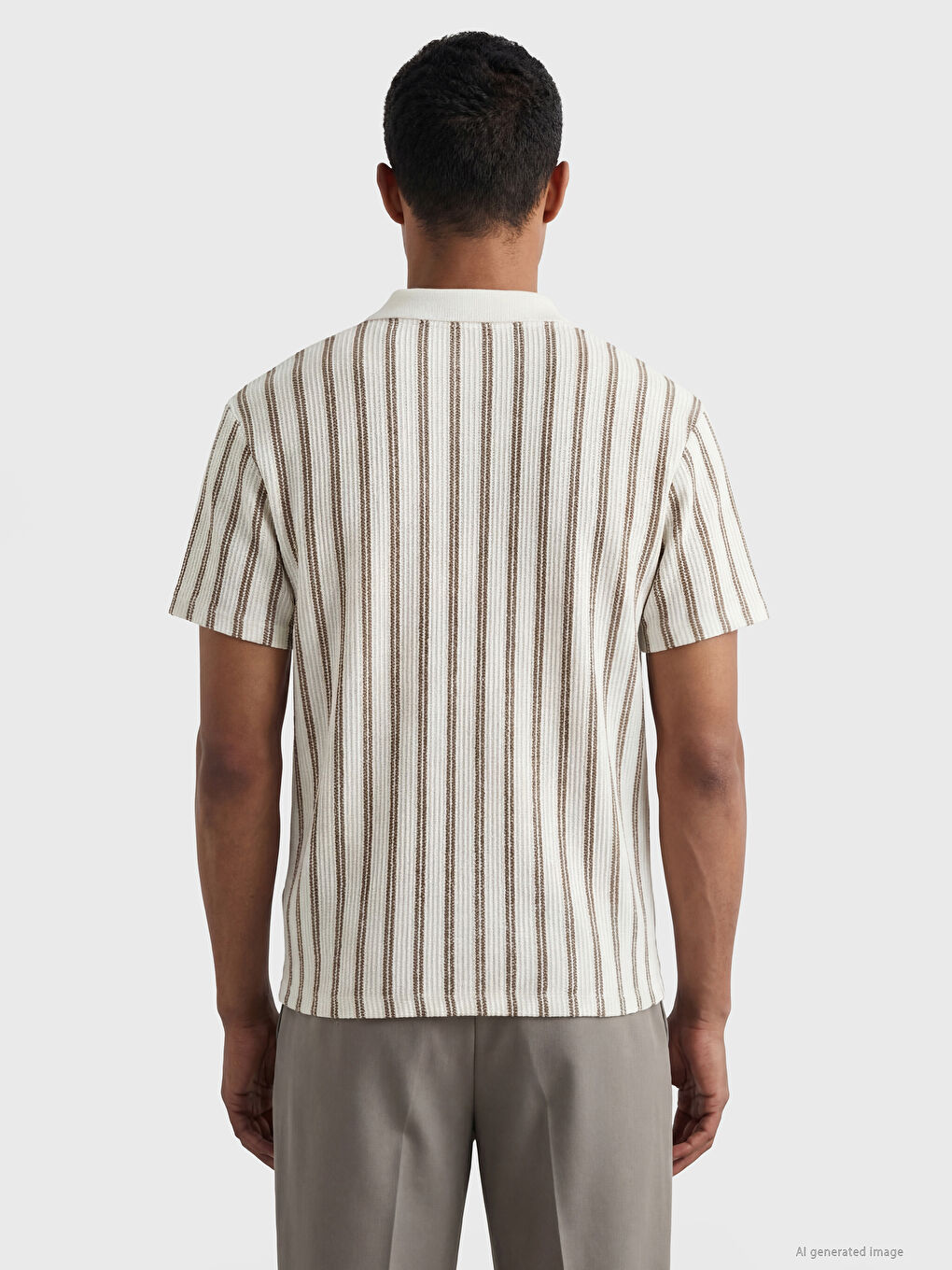 Bej Polo Yaka Çizgili Erkek Triko Tişört-2