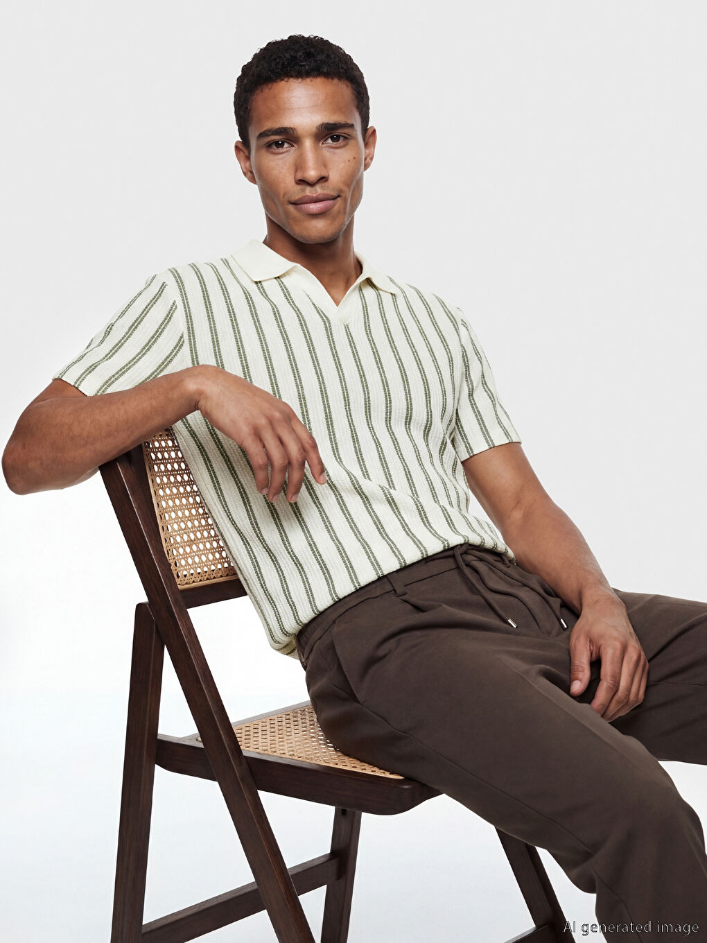 Yeşil Polo Yaka Çizgili Erkek Triko Tişört