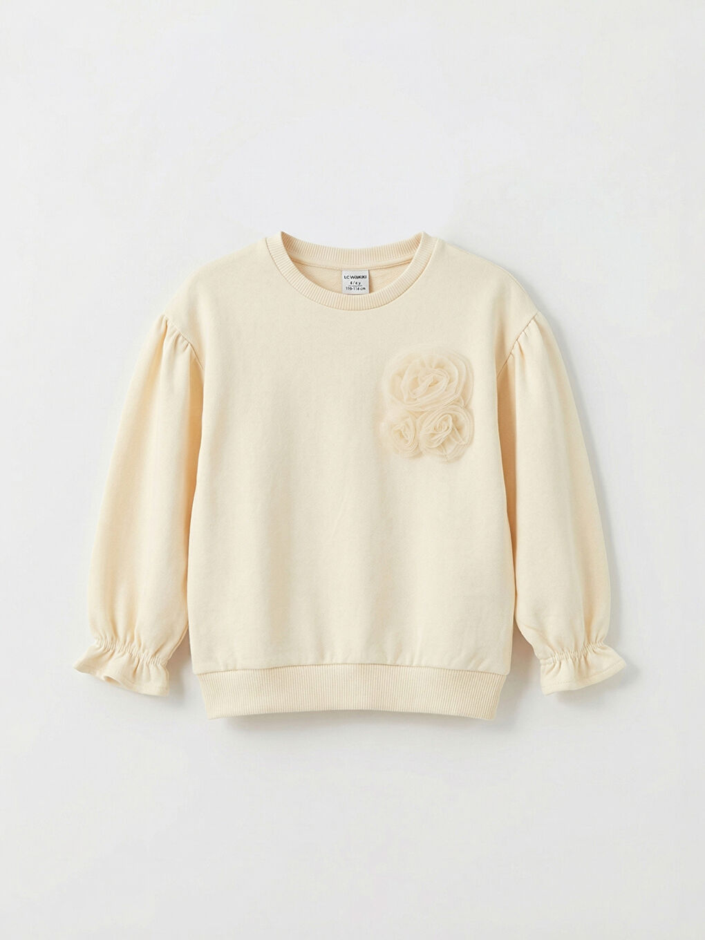 Bej Bisiklet Yaka Çiçek Aplikeli Kız Çocuk Sweatshirt