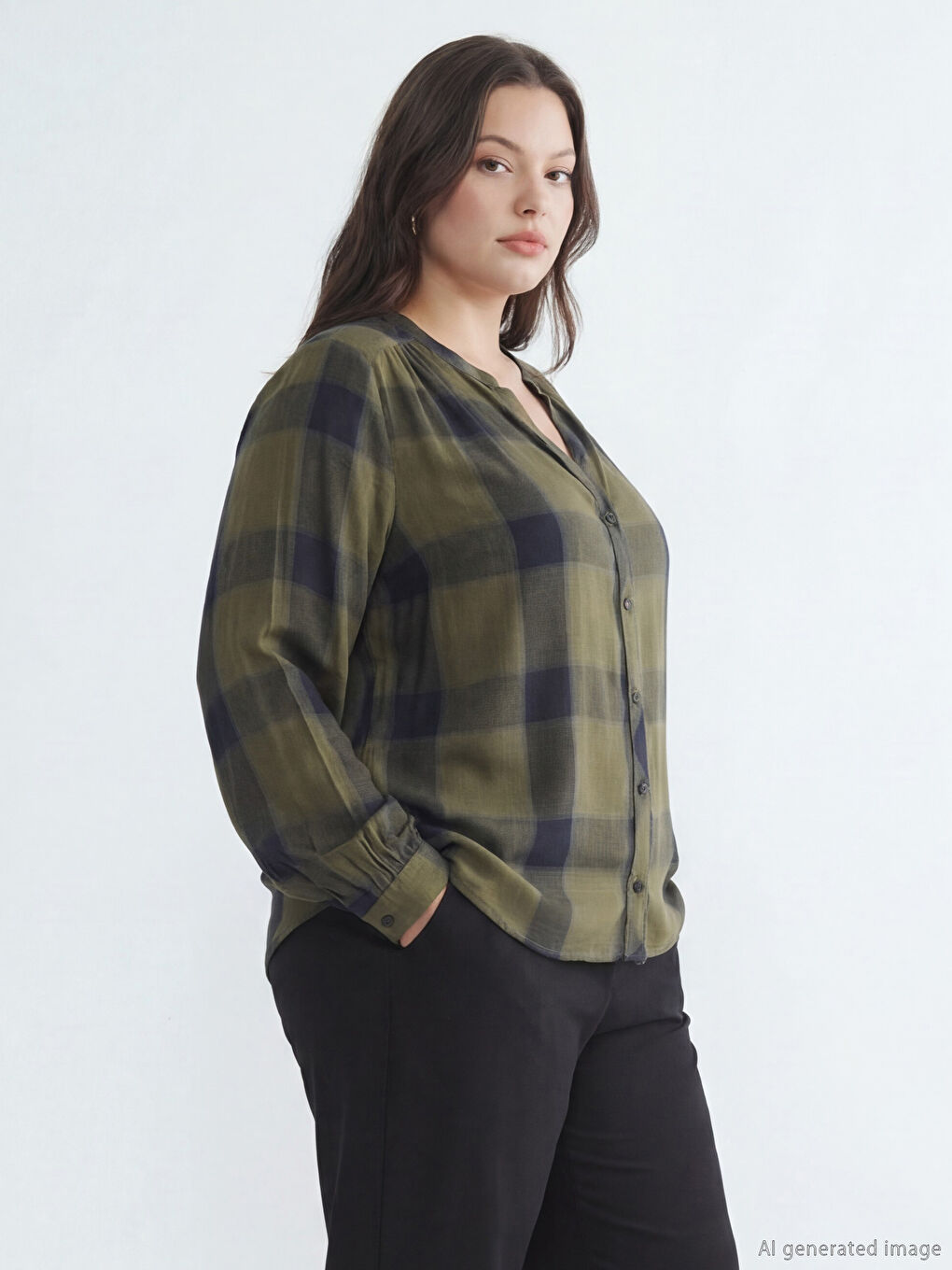 Haki Kaçık Yaka Ekose Oversize Bluz-1