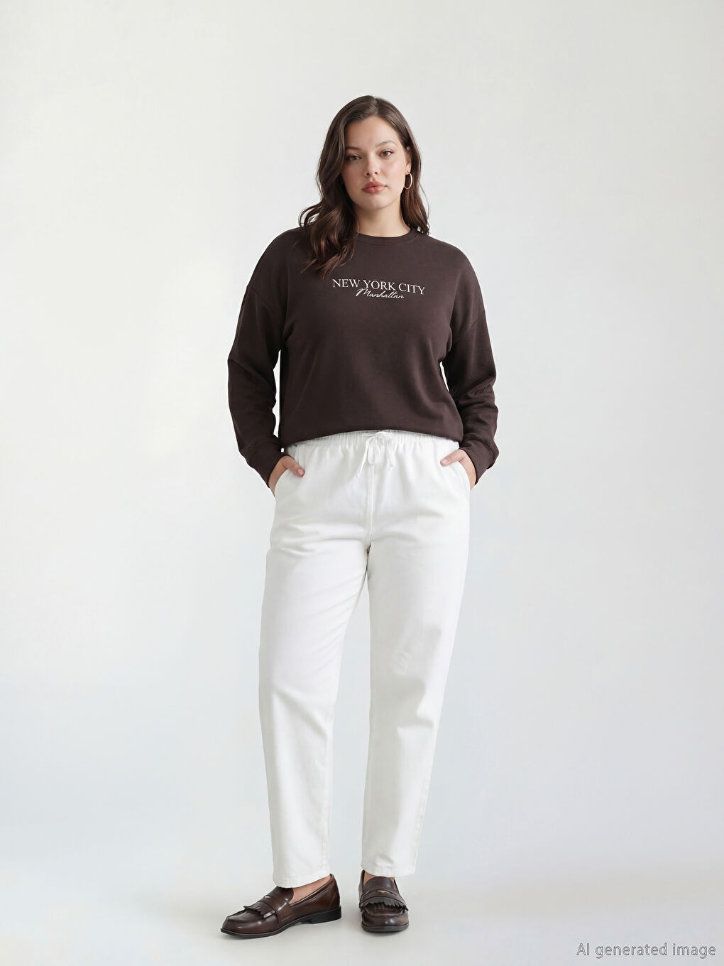 Ekru Beli Lastikli Kadın Pantolon-1