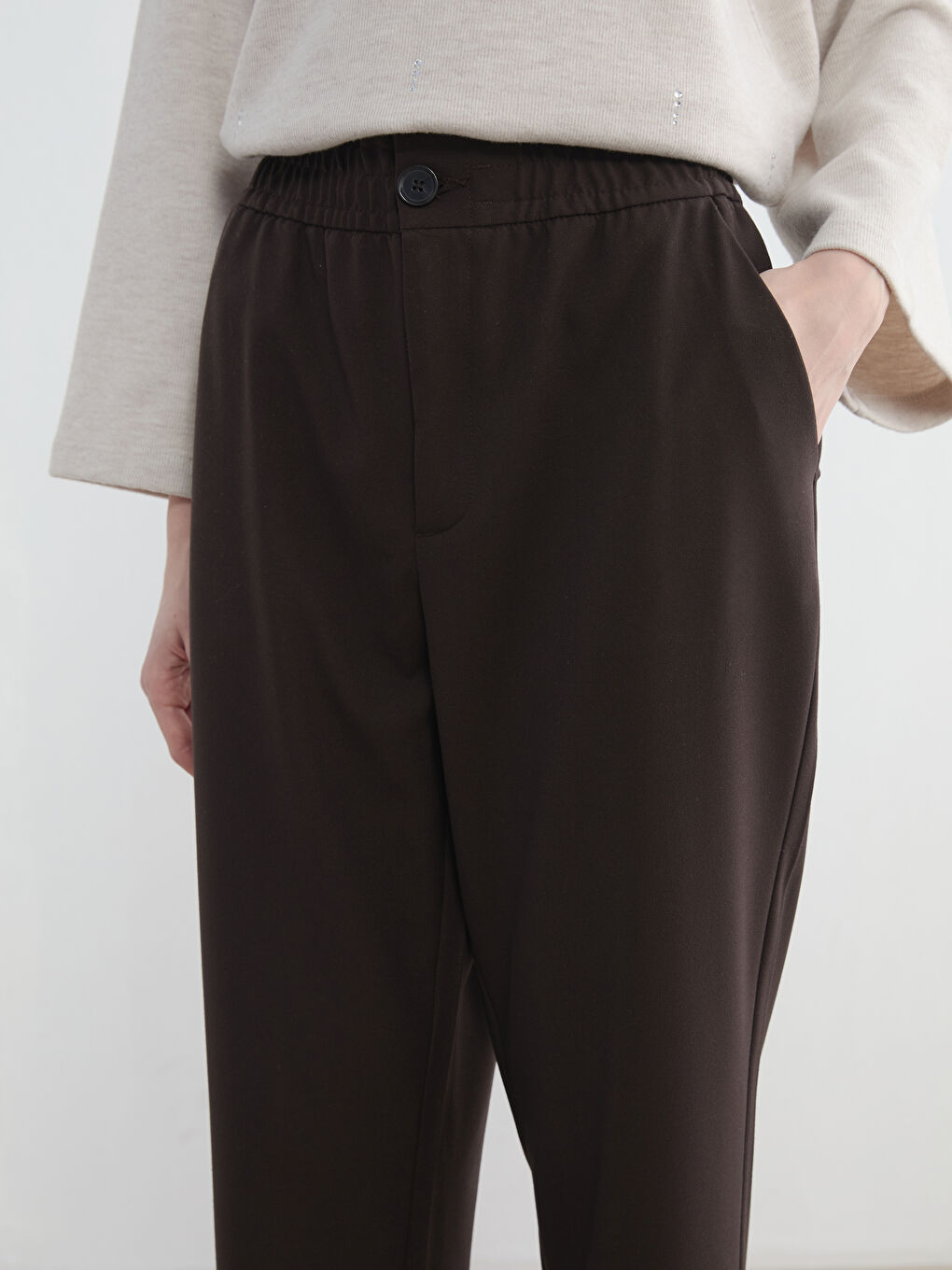 Kahverengi Beli Lastikli Kadın Pantolon-2