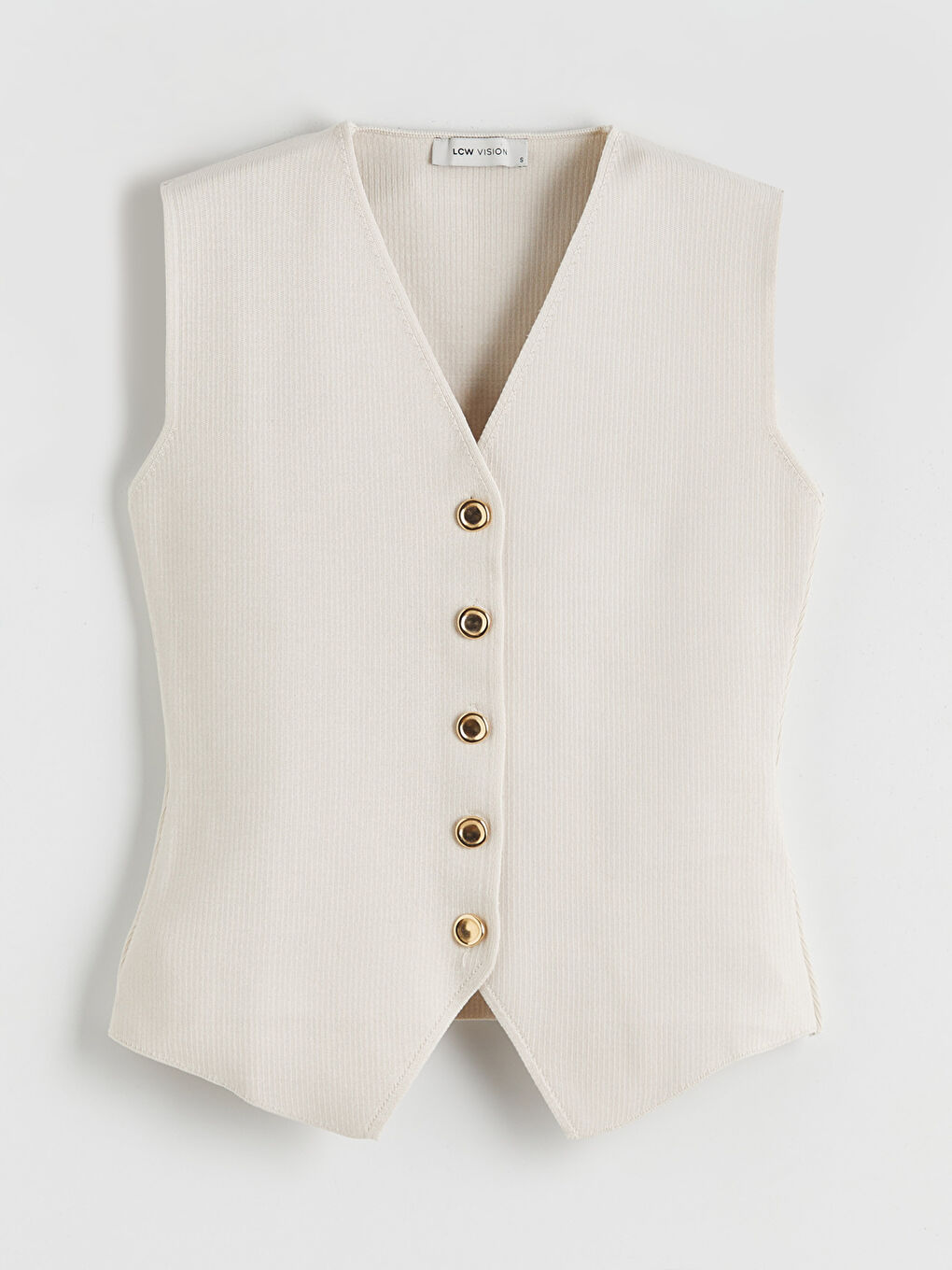 Ekru V Yaka Kadın Triko Yelek-4