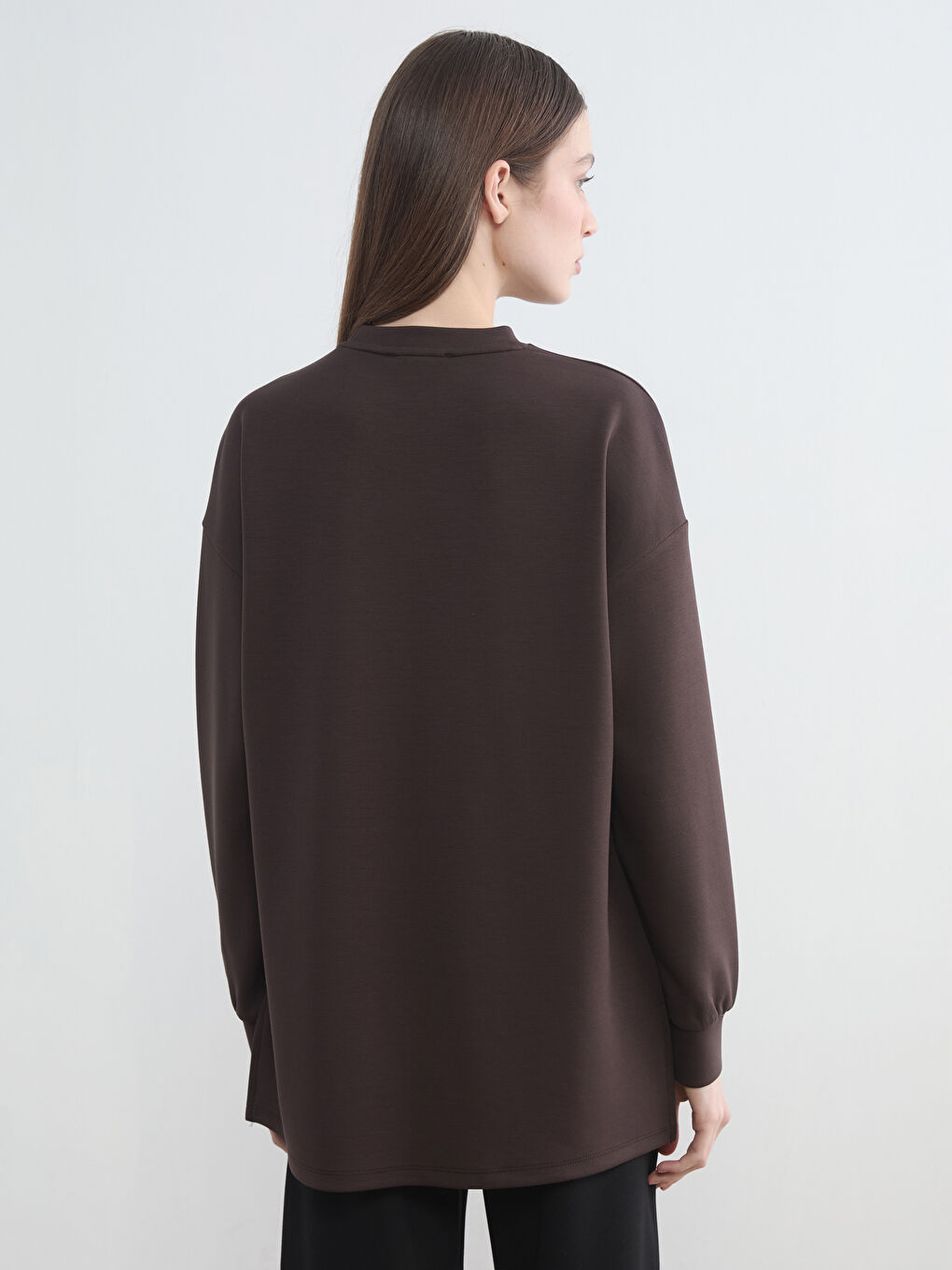 Kahverengi Bisiklet Yaka Nakışlı Kadın Sweatshirt Tunik-3