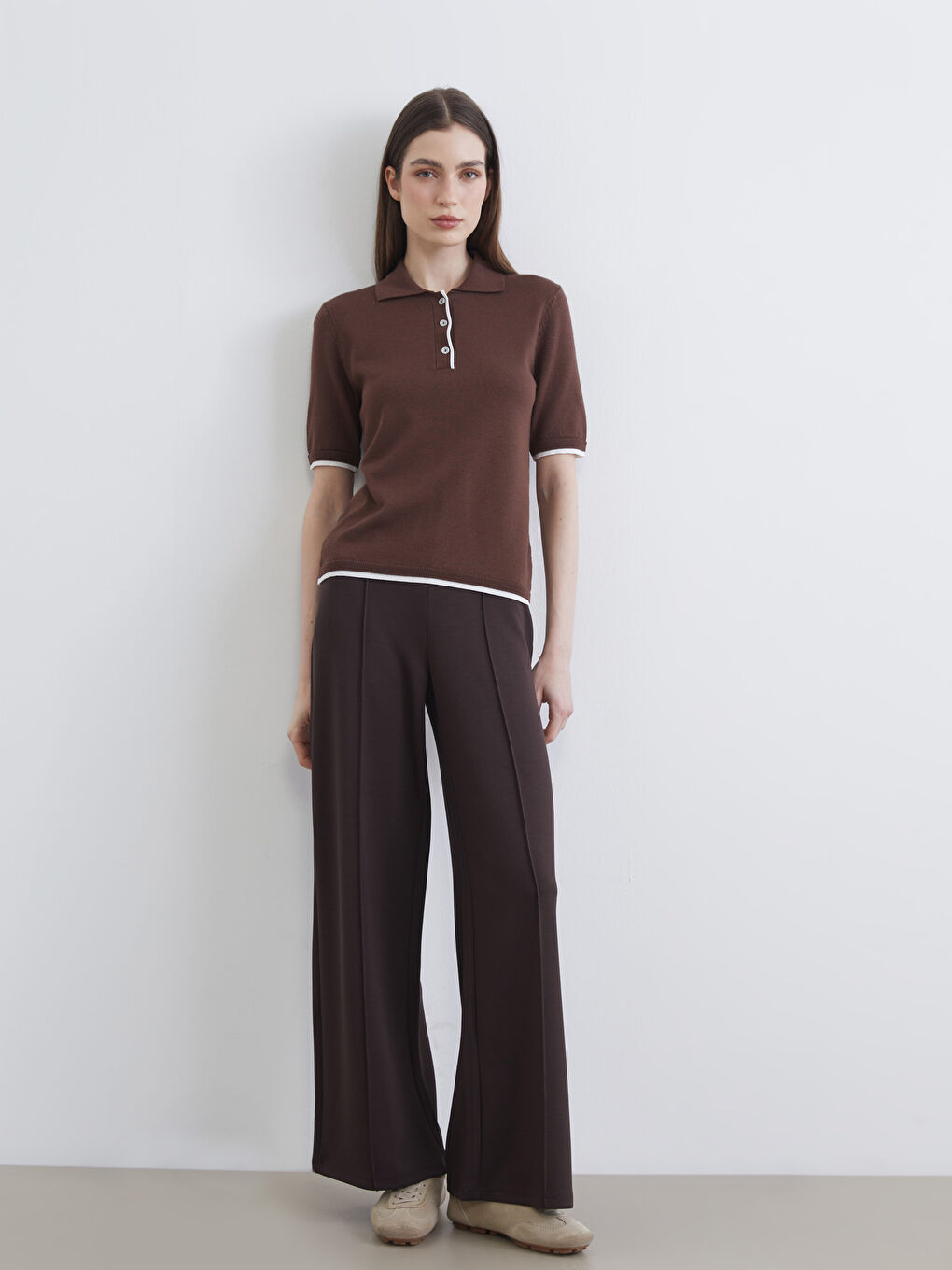 Kahverengi Yüksek Bel Geniş Paça Kadın Pantolon